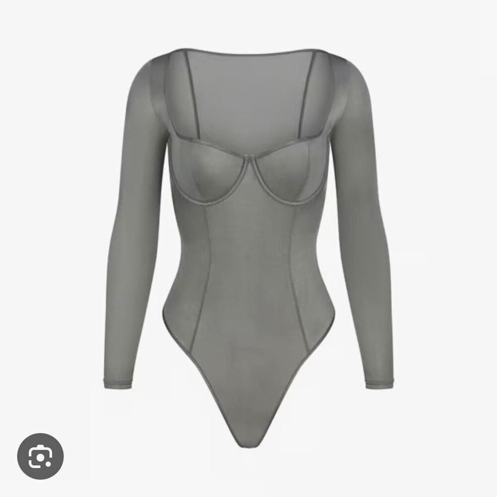 NWT SKIMS Glissenette Long Sleeve Underwire Sheer Bodysuit - Thunder - Size 2X
